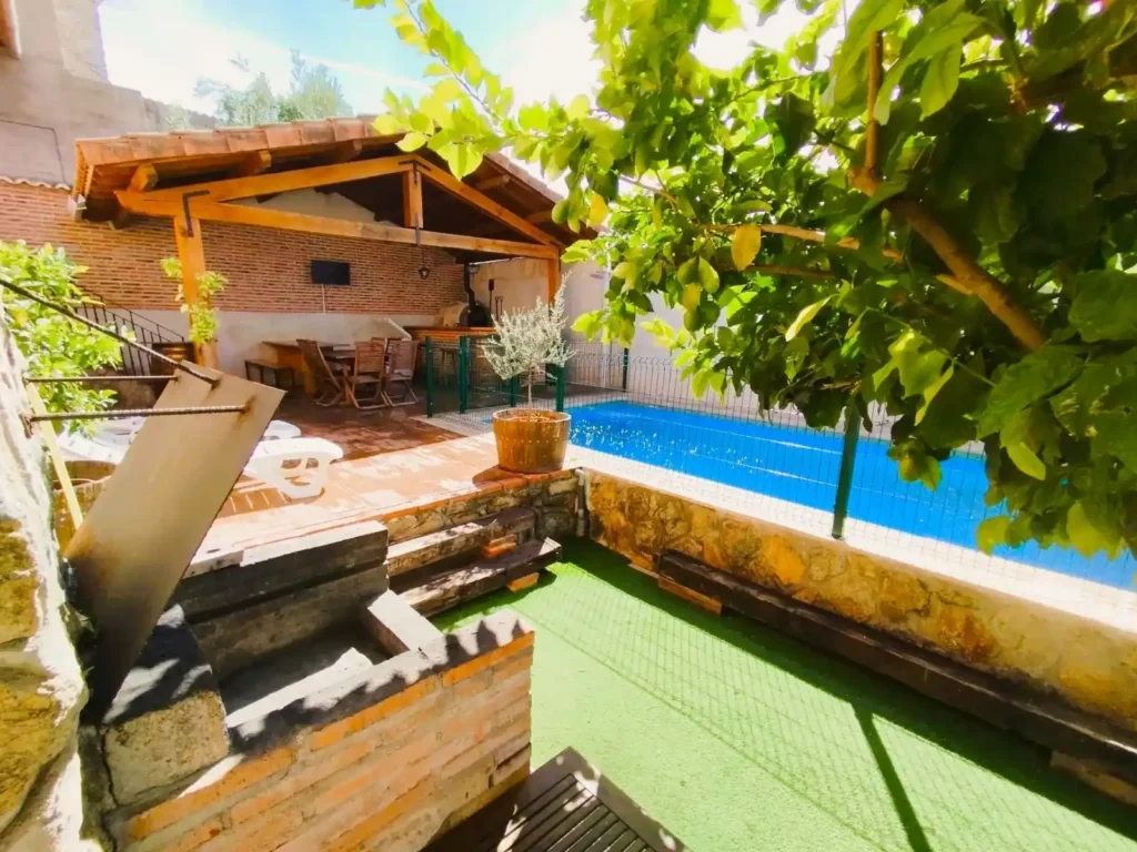 Exterior rústico con pequeña piscina azul, zona de césped artificial y árboles.